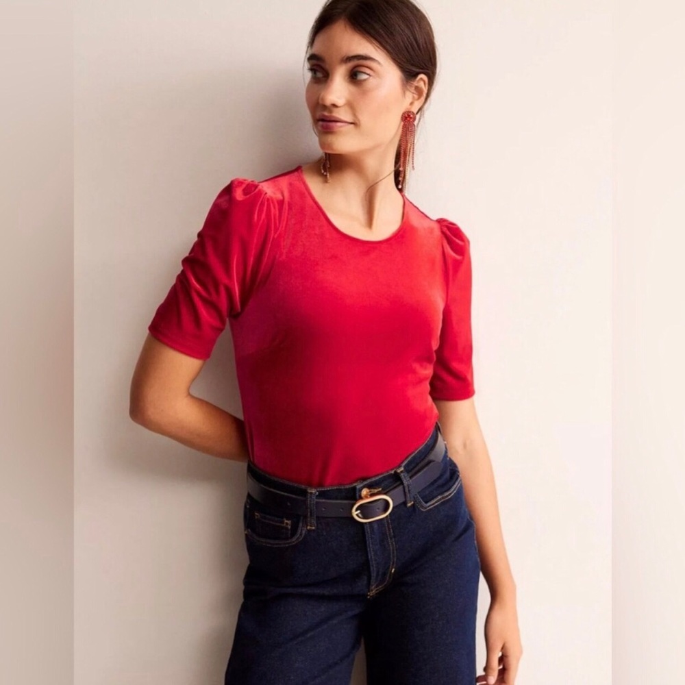 Boden Red Velvet Short Sleeve Top Bright Red Holiday Size 6
